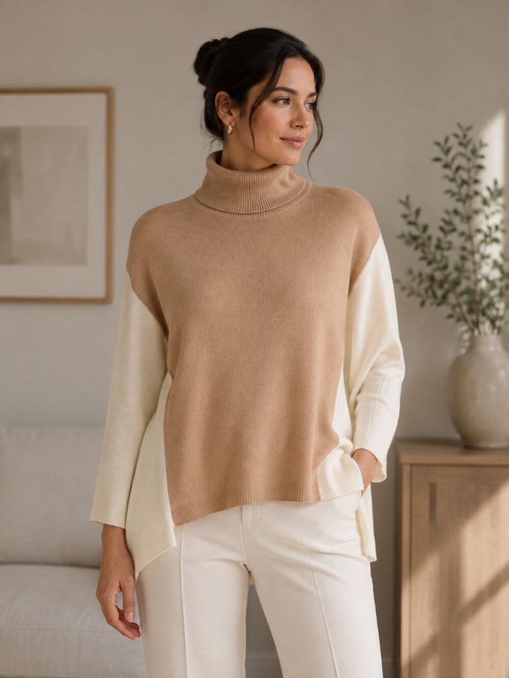 Brodie Cashmere Colorblock Turtleneck Sweater Women L Camel Cream Quiet Luxury